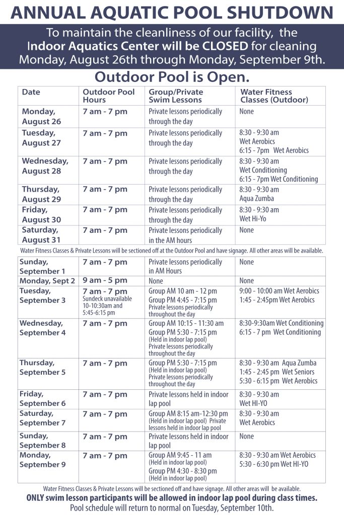 2019 Aquatic Pool Shutdown Schedule Poster Princeton Club New Berlin 